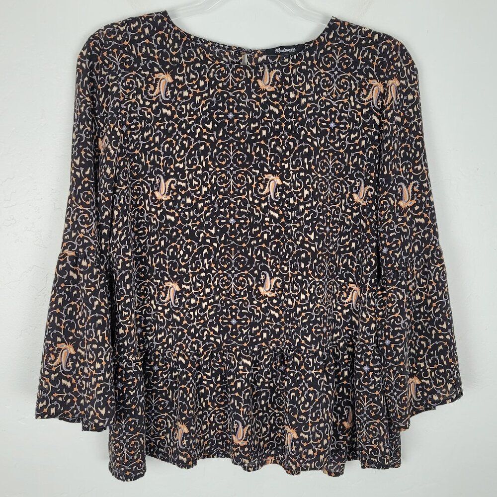 Madewell Silk Blouse 3/4 Bell Sleeve Peplum Patterned Black Multicolor Size L